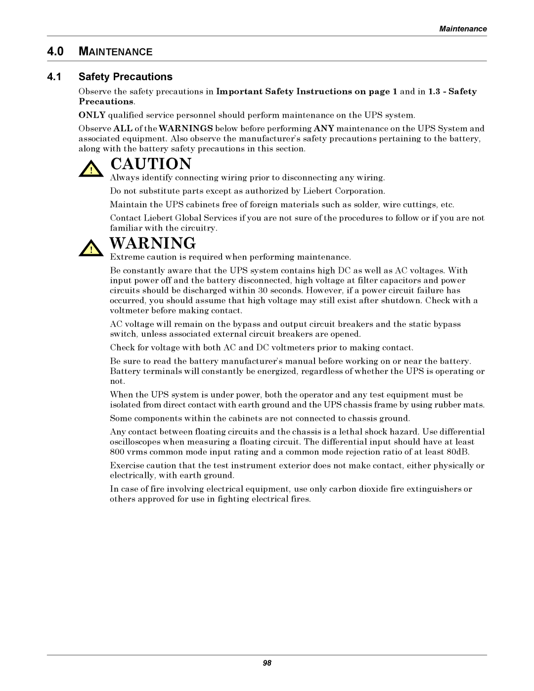 Liebert 1000kVA manual Maintenance 