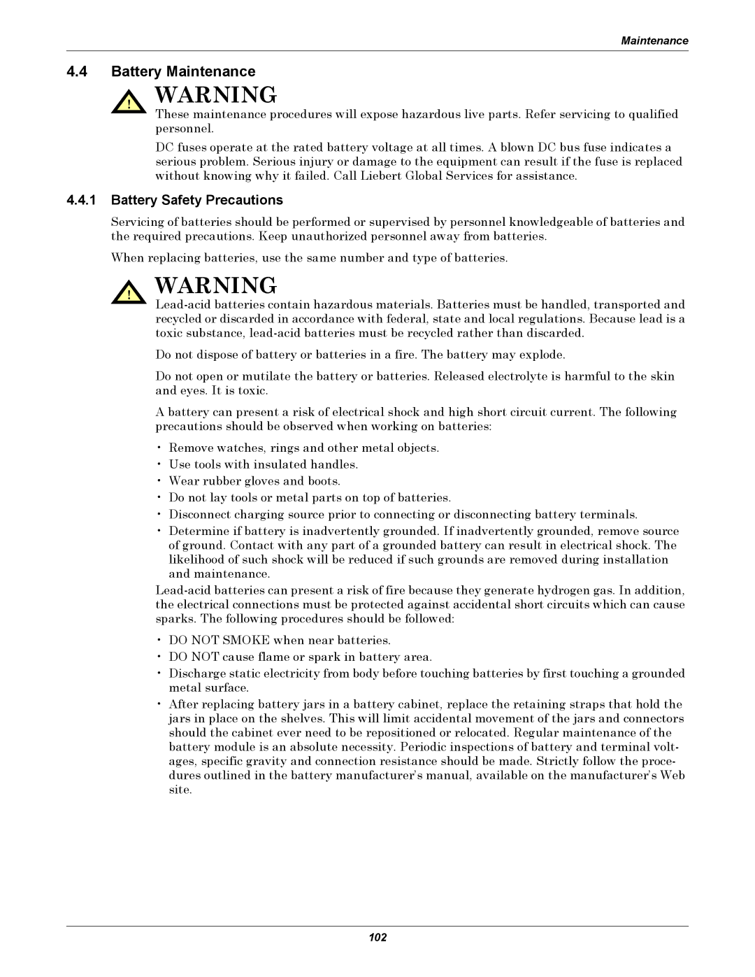 Liebert 1000kVA manual Battery Maintenance, Battery Safety Precautions 