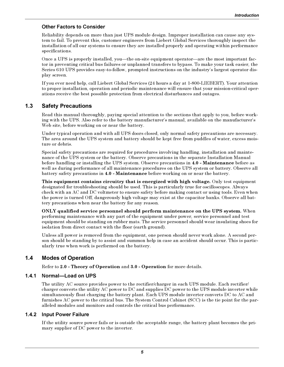 Liebert 1000kVA Safety Precautions, Modes of Operation, Other Factors to Consider, Normal-Load on UPS, Input Power Failure 