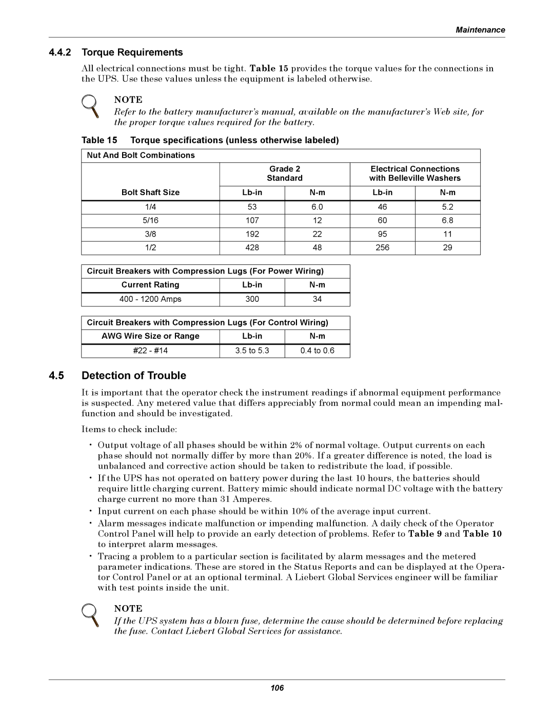 Liebert 1000kVA manual Detection of Trouble, Torque Requirements, Torque specifications unless otherwise labeled 