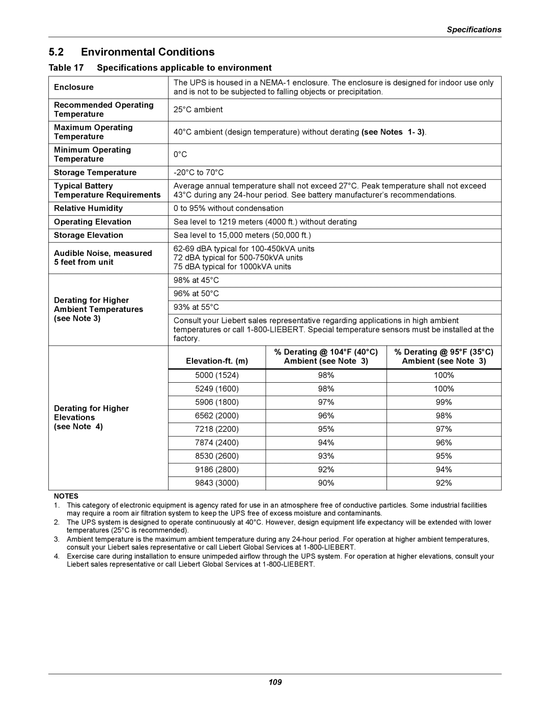 Liebert 1000kVA manual Environmental Conditions, Specifications applicable to environment 