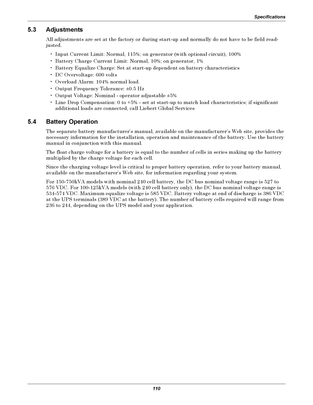 Liebert 1000kVA manual Adjustments, Battery Operation 