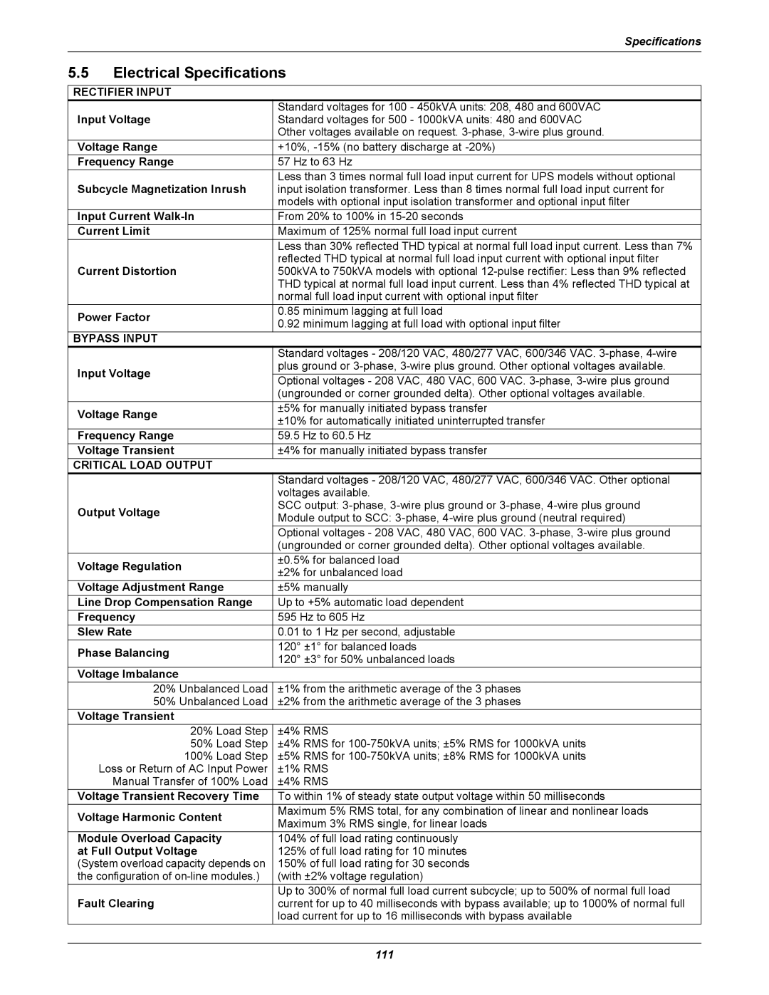 Liebert 1000kVA manual Electrical Specifications 