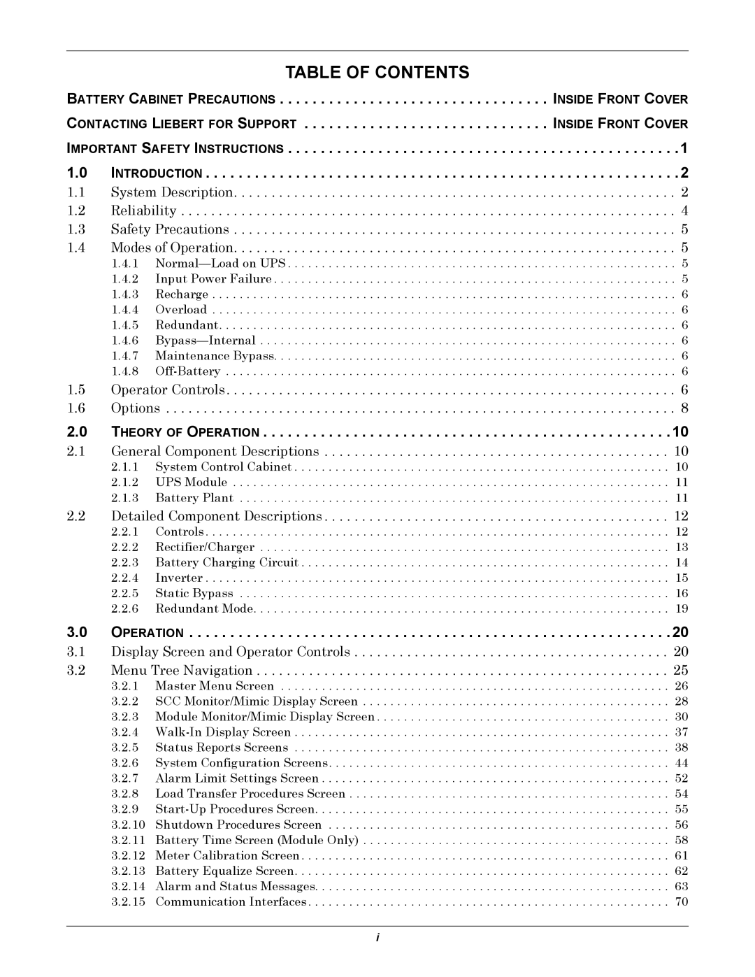 Liebert 1000kVA manual Table of Contents 