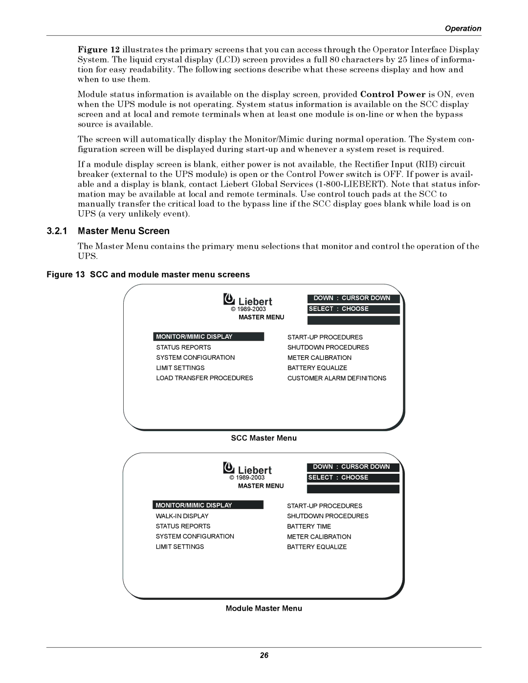 Liebert 1000kVA manual Master Menu Screen, SCC Master Menu, Module Master Menu 