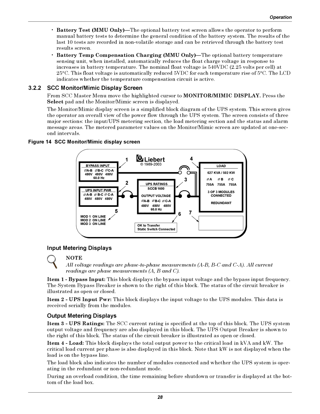 Liebert 1000kVA manual SCC Monitor/Mimic Display Screen, Input Metering Displays, Output Metering Displays 