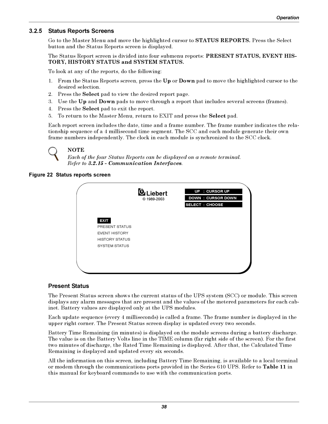 Liebert 1000kVA manual Status Reports Screens, Present Status 