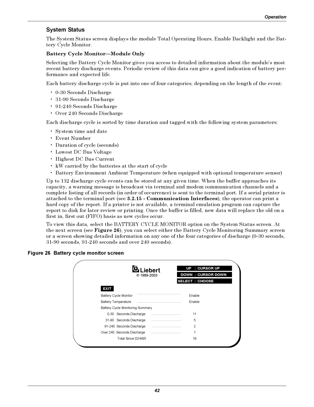 Liebert 1000kVA manual System Status, Battery Cycle Monitor-Module Only 