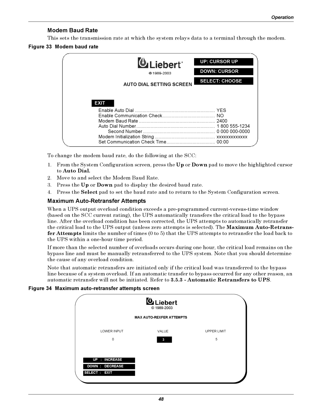 Liebert 1000kVA manual Modem Baud Rate, Maximum Auto-Retransfer Attempts 