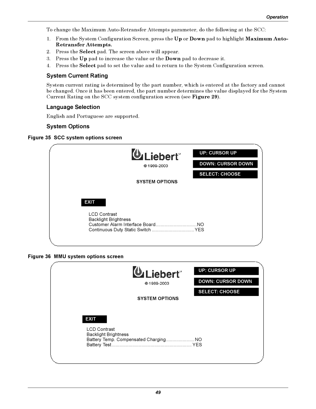 Liebert 1000kVA manual System Current Rating, Language Selection, System Options, Retransfer Attempts 