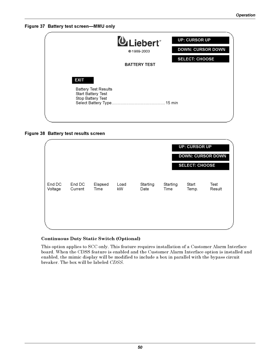 Liebert 1000kVA manual Battery test screen-MMU only, Continuous Duty Static Switch Optional 