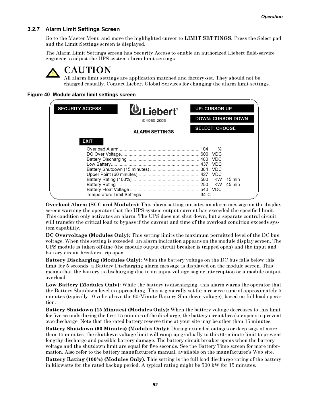 Liebert 1000kVA manual Alarm Limit Settings Screen, Module alarm limit settings screen 