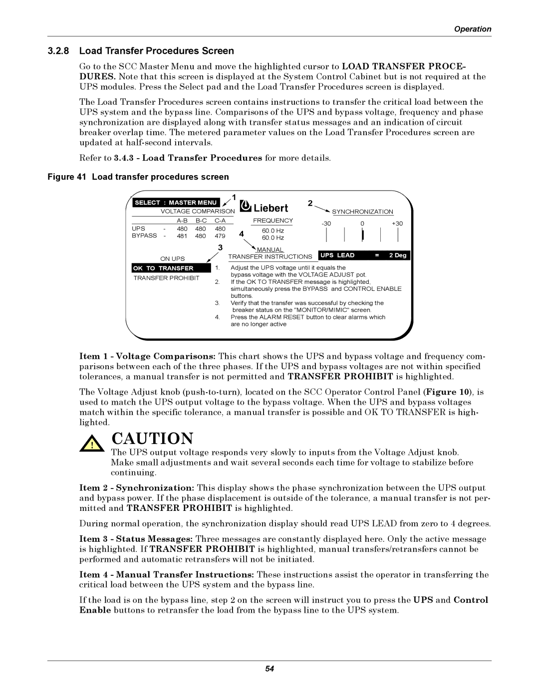 Liebert 1000kVA manual Load Transfer Procedures Screen, Refer to 3.4.3 Load Transfer Procedures for more details 