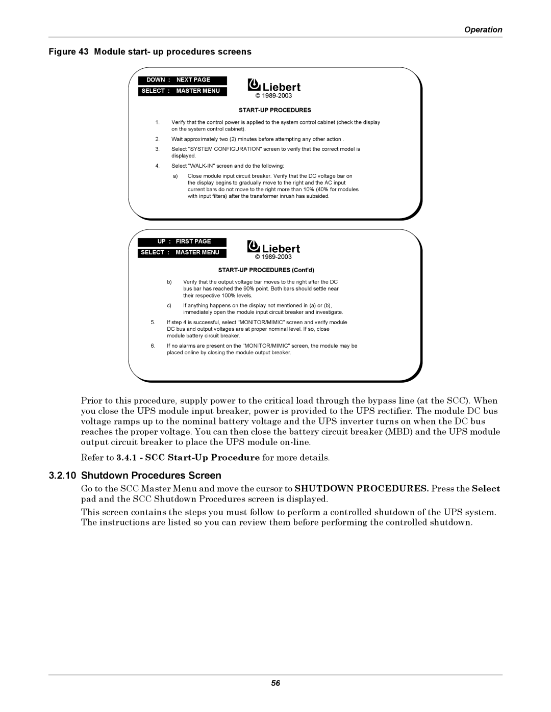 Liebert 1000kVA manual Shutdown Procedures Screen, Module start- up procedures screens 