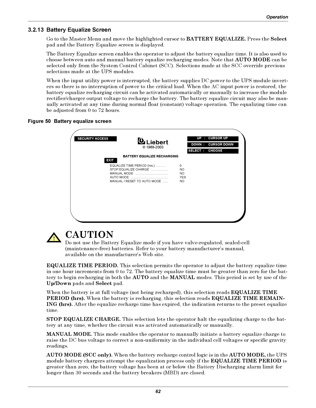 Liebert 1000kVA manual Battery Equalize Screen, Battery equalize screen 