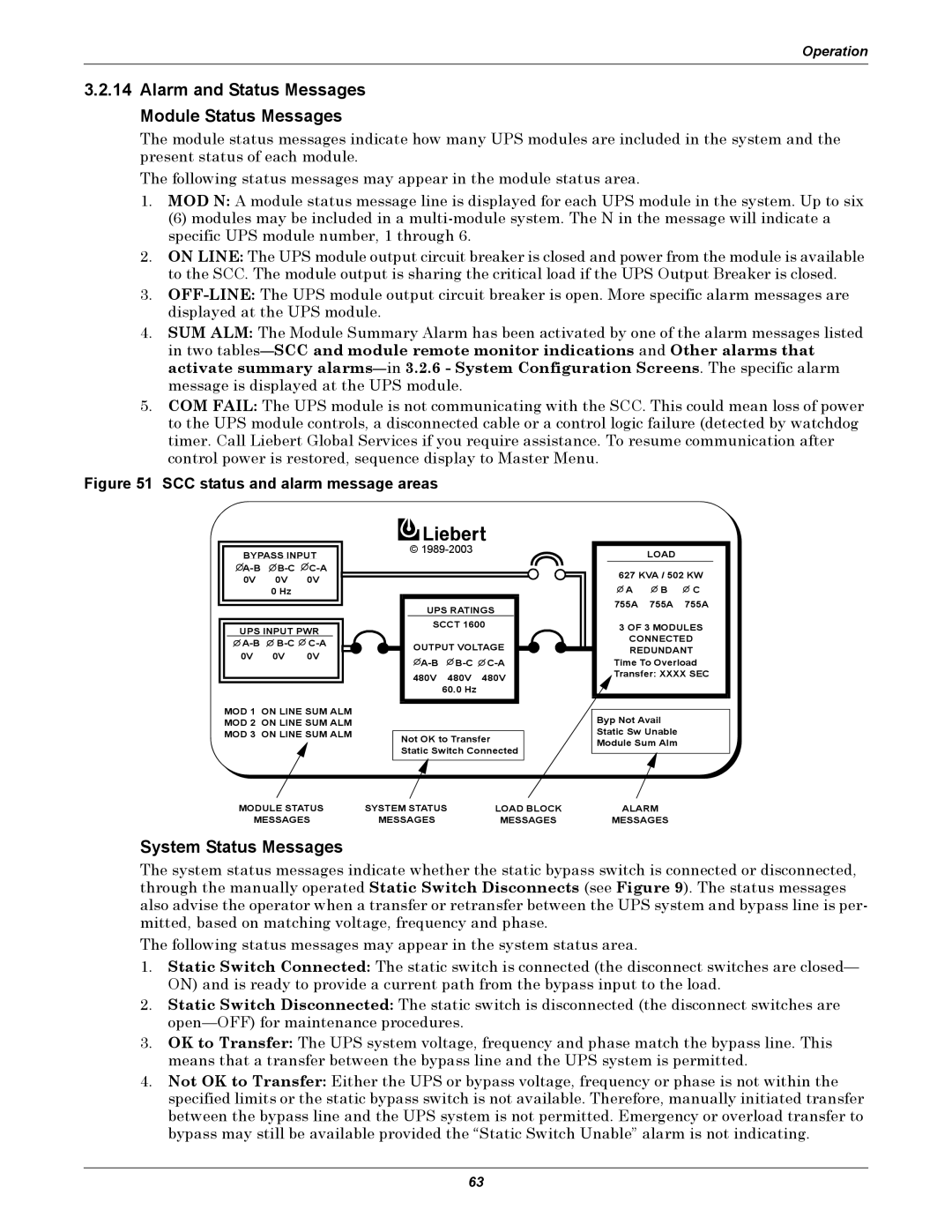 Liebert 1000kVA manual Alarm and Status Messages Module Status Messages, System Status Messages 