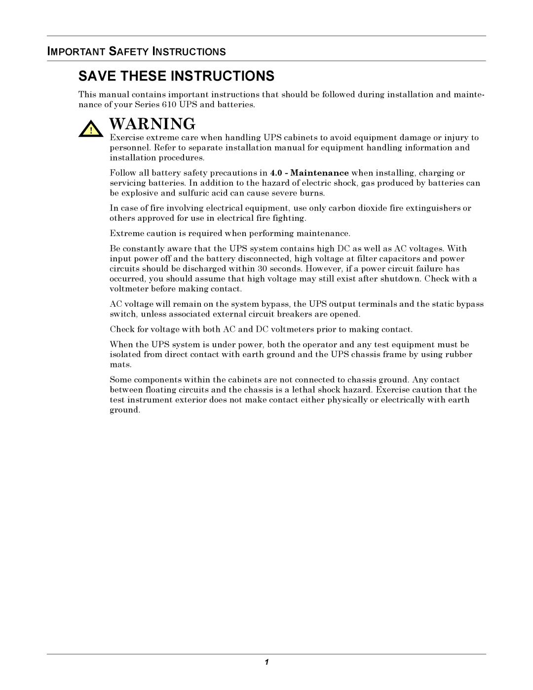 Liebert 1000kVA manual Important Safety Instructions 