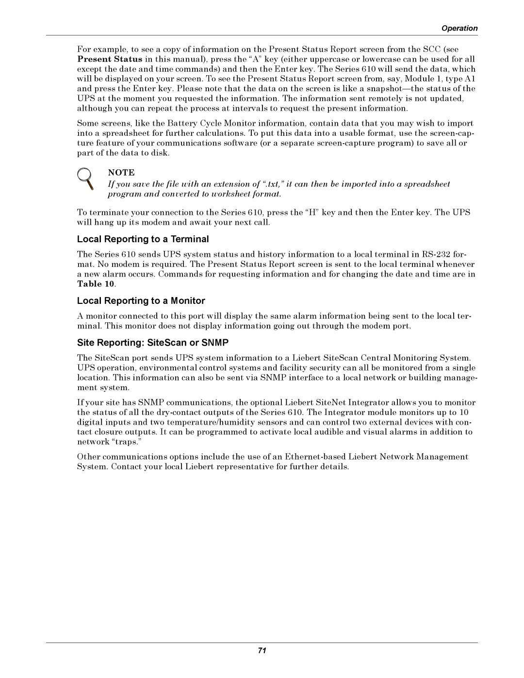 Liebert 1000kVA manual Local Reporting to a Terminal, Local Reporting to a Monitor, Site Reporting SiteScan or Snmp 