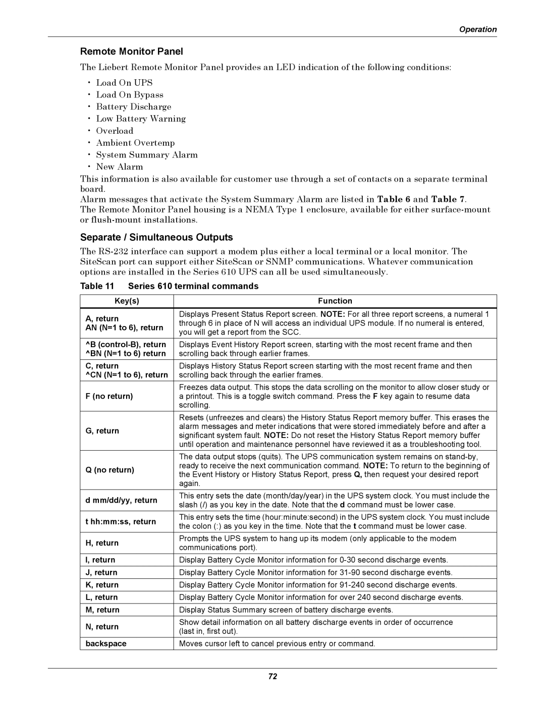 Liebert 1000kVA manual Remote Monitor Panel, Separate / Simultaneous Outputs, Series 610 terminal commands 