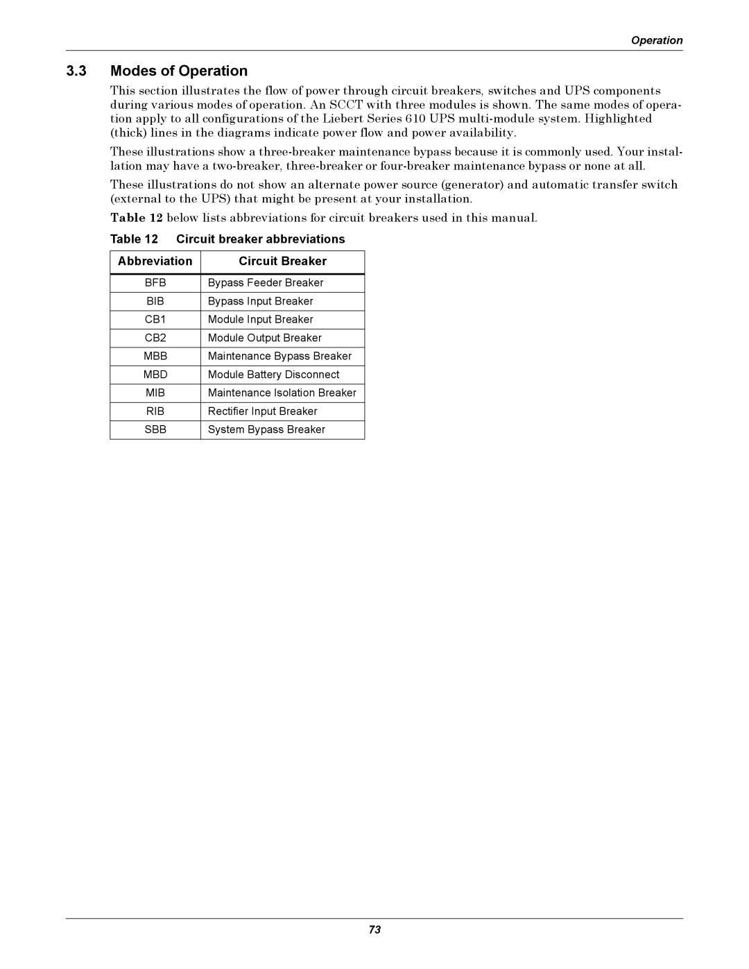 Liebert 1000kVA manual Modes of Operation, Circuit breaker abbreviations Abbreviation Circuit Breaker 