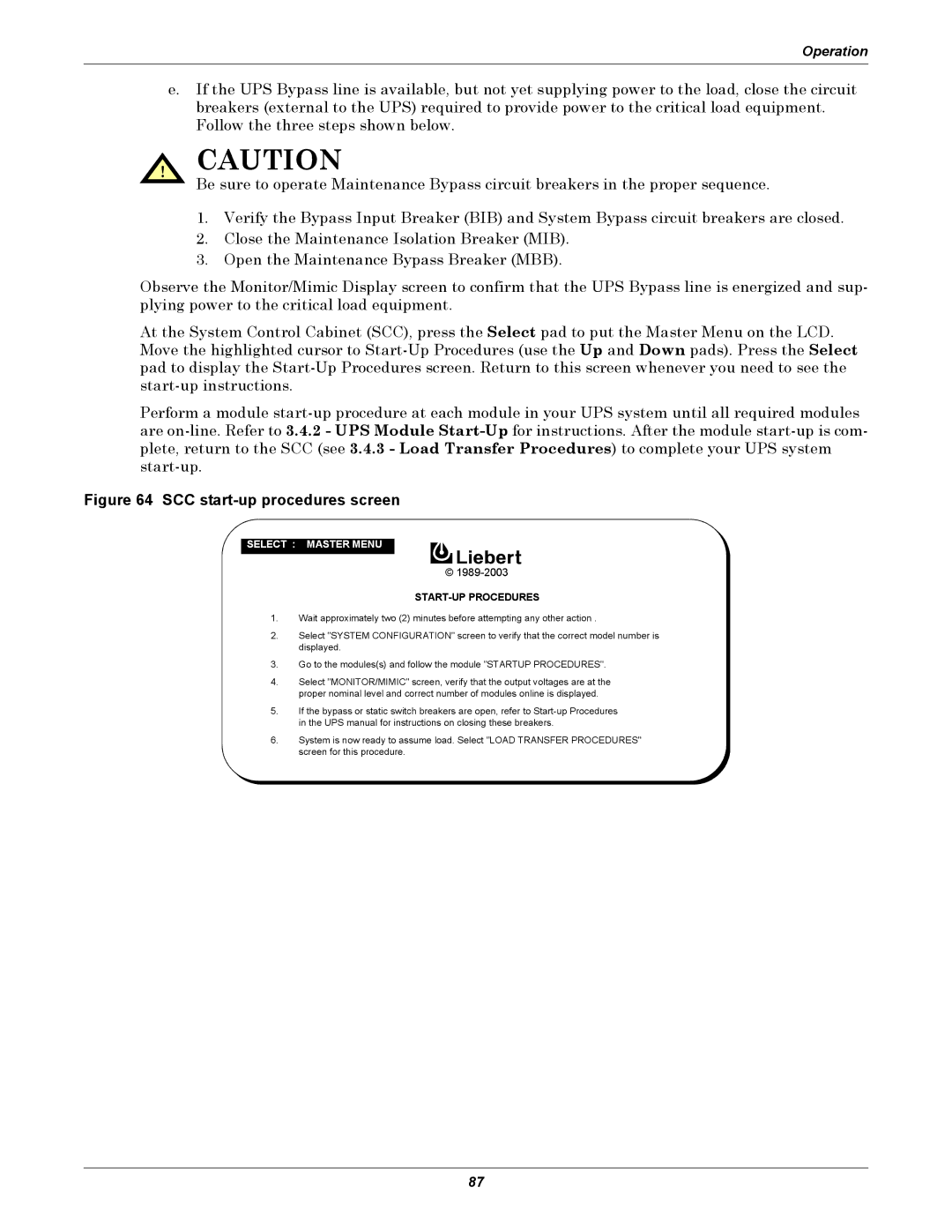 Liebert 1000kVA manual SCC start-up procedures screen 