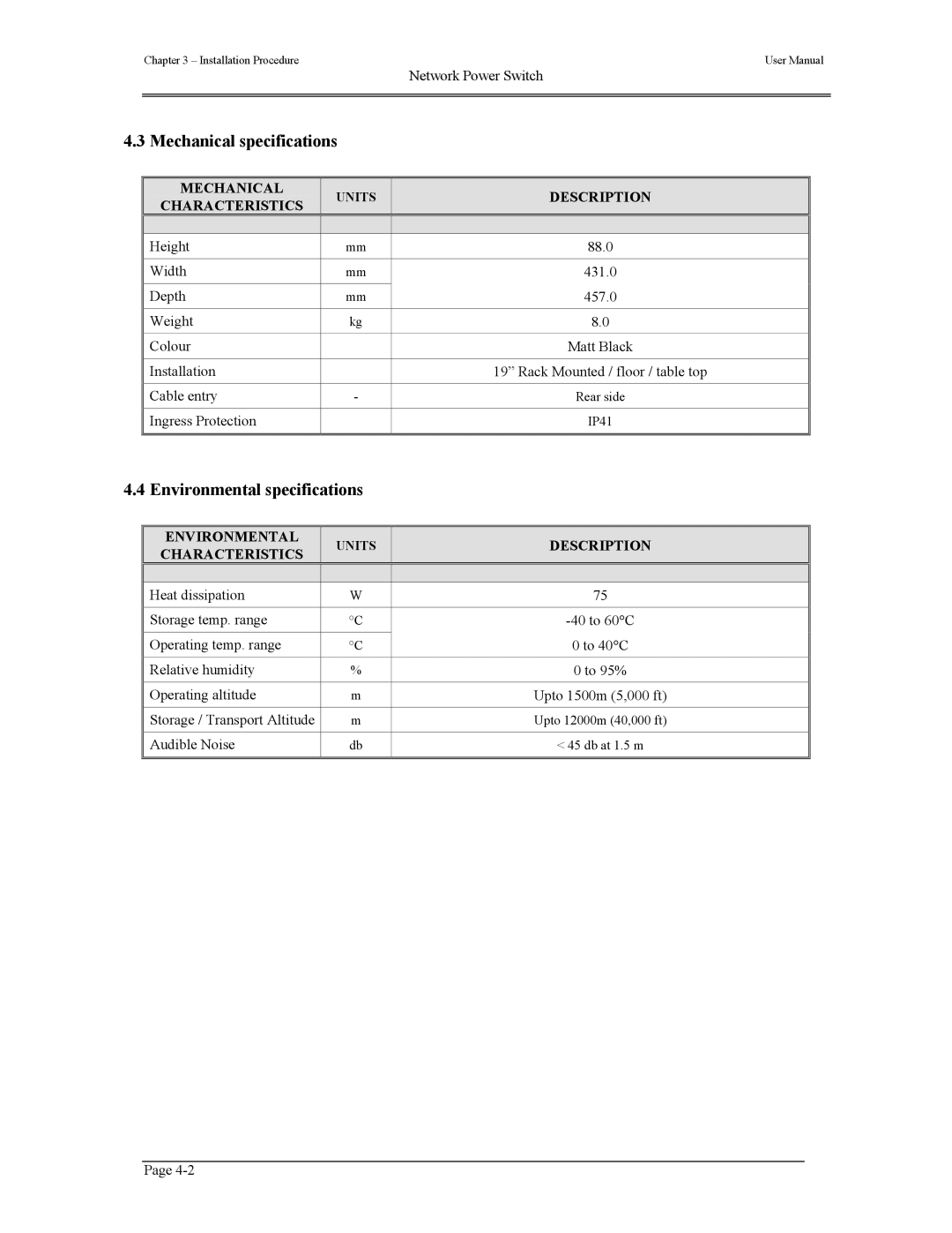 Liebert 110V manual Mechanical specifications, Environmental specifications 