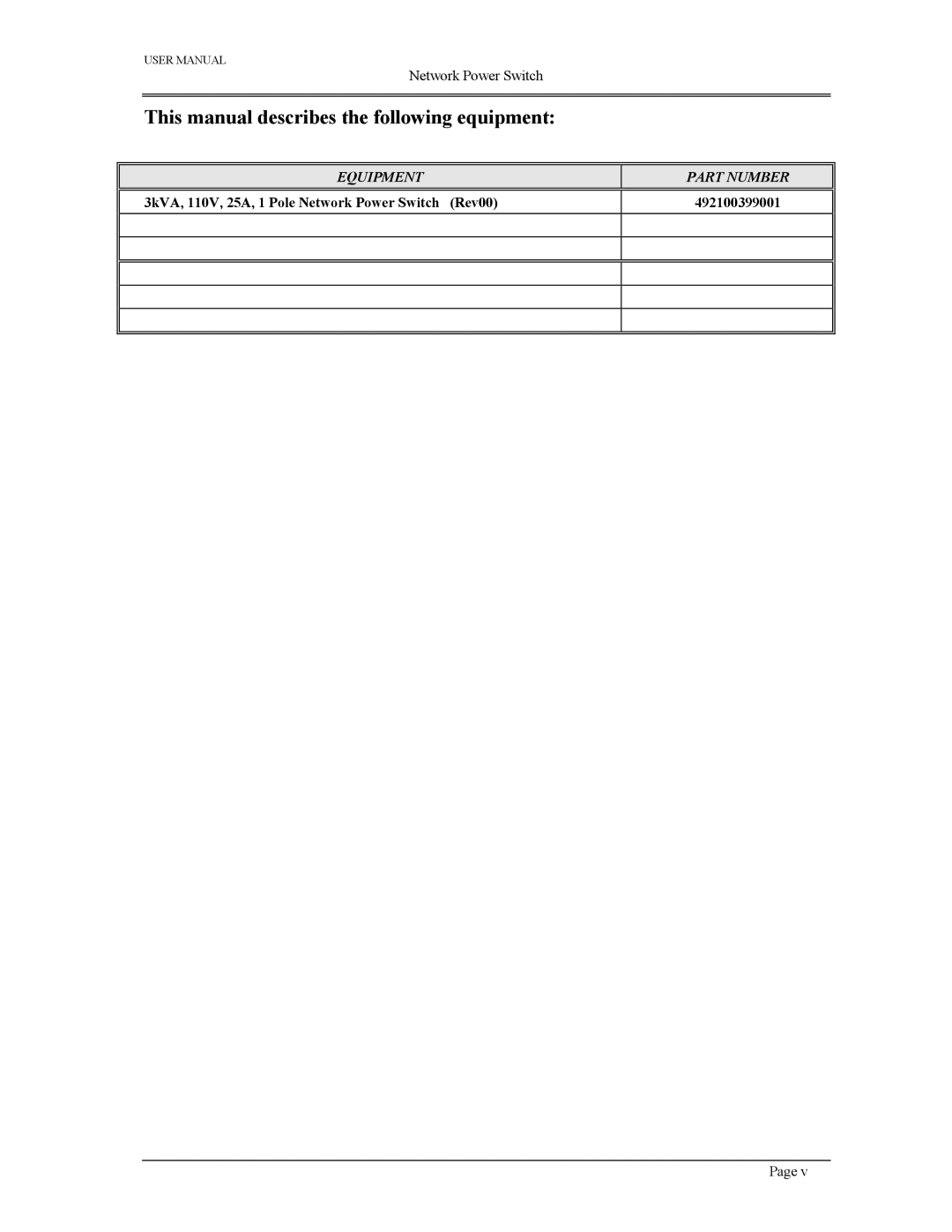 Liebert 110V This manual describes the following equipment, Equipment Part Number 