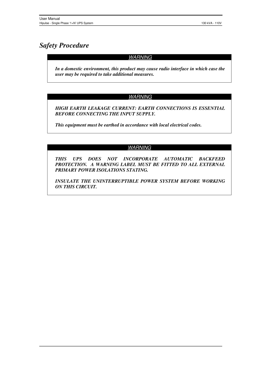 Liebert 130 kVA user manual Safety Procedure 