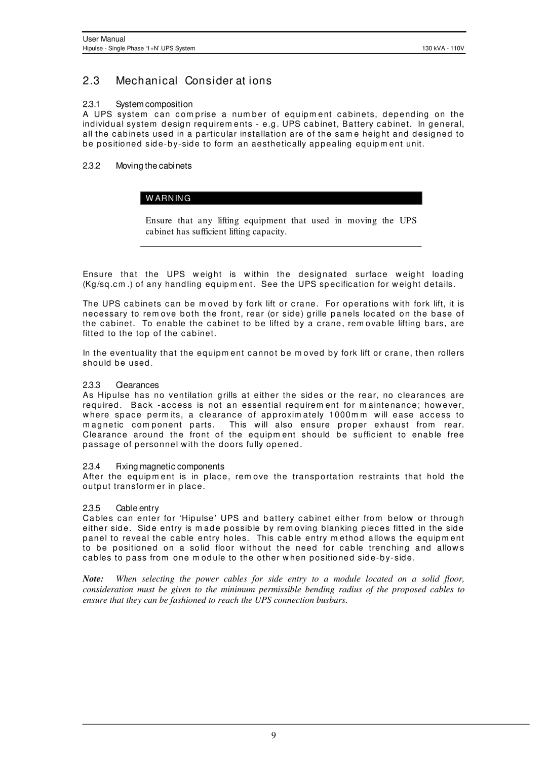 Liebert 130 kVA user manual Mechanical Considerations 