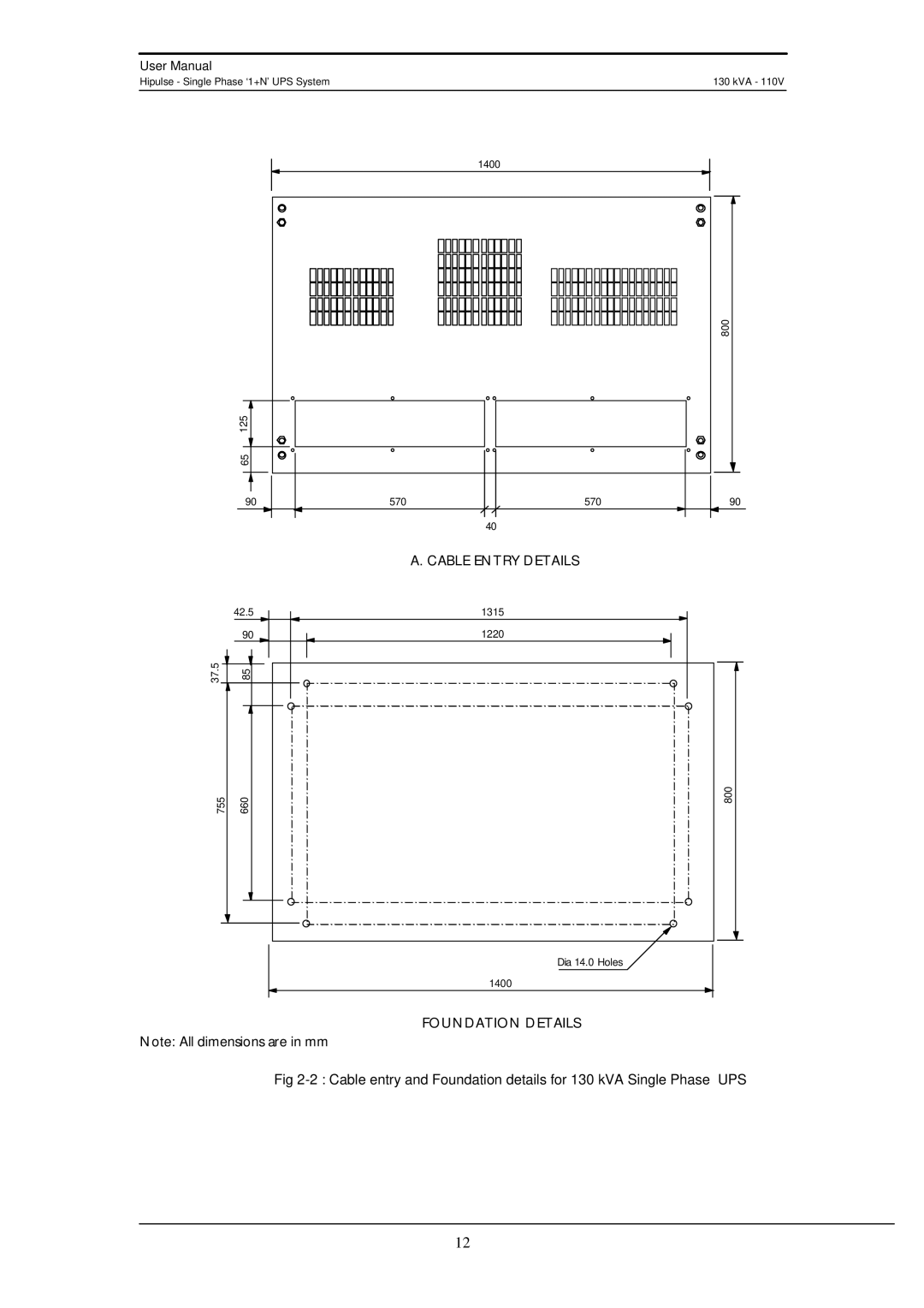 Liebert 130 kVA user manual Cable Entry Details 