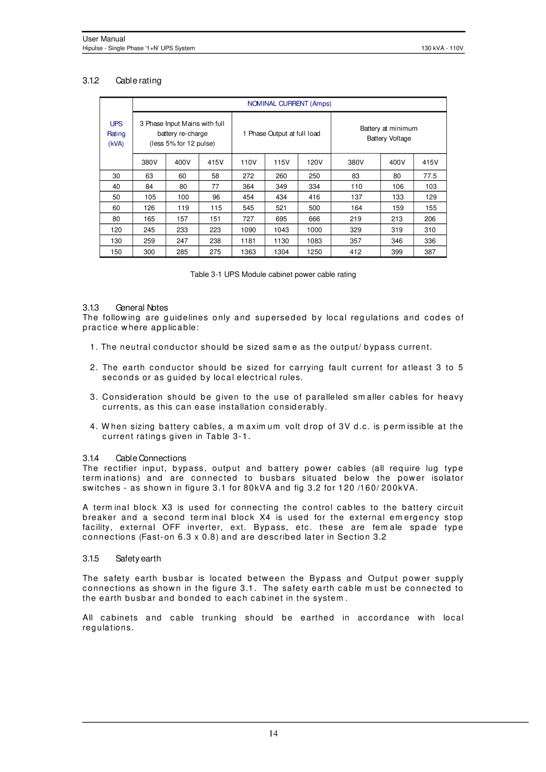 Liebert 130 kVA user manual Cable rating, General Notes, Cable Connections, Safety earth 