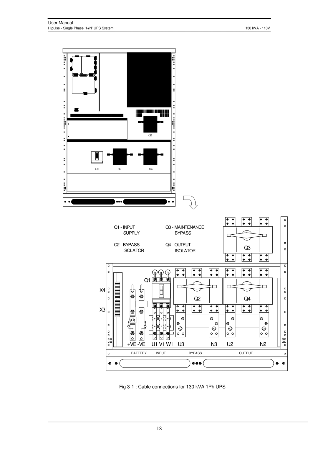 Liebert user manual +Ve -Ve, Cable connections for 130 kVA 1Ph UPS 