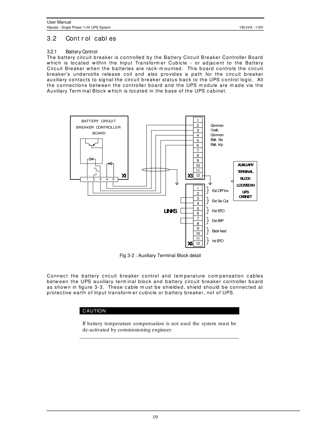 Liebert 130 kVA user manual Control cables, Auxiliary Terminal Block detail, Battery Control 