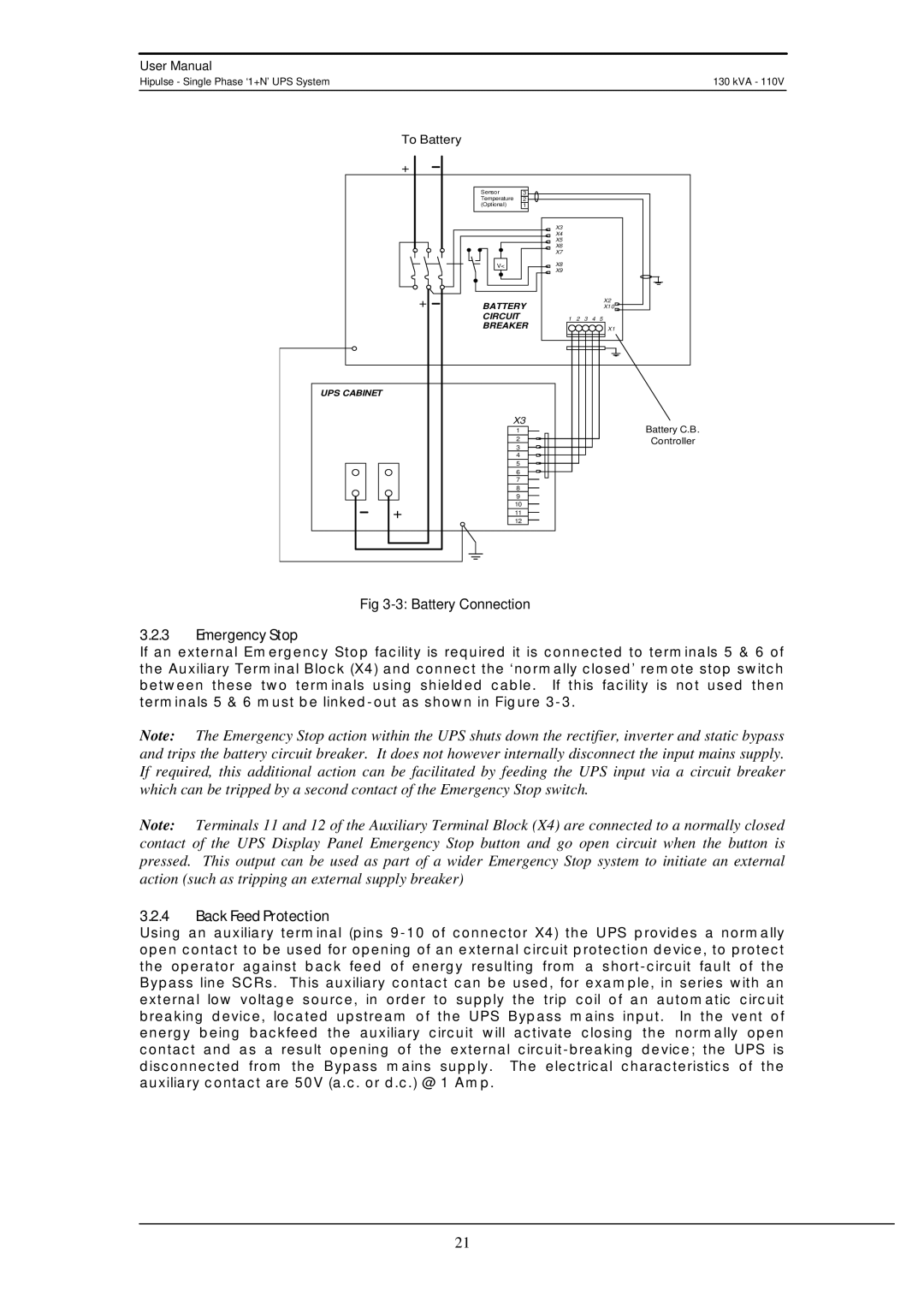 Liebert 130 kVA user manual Battery Connection, Emergency Stop, Back Feed Protection 