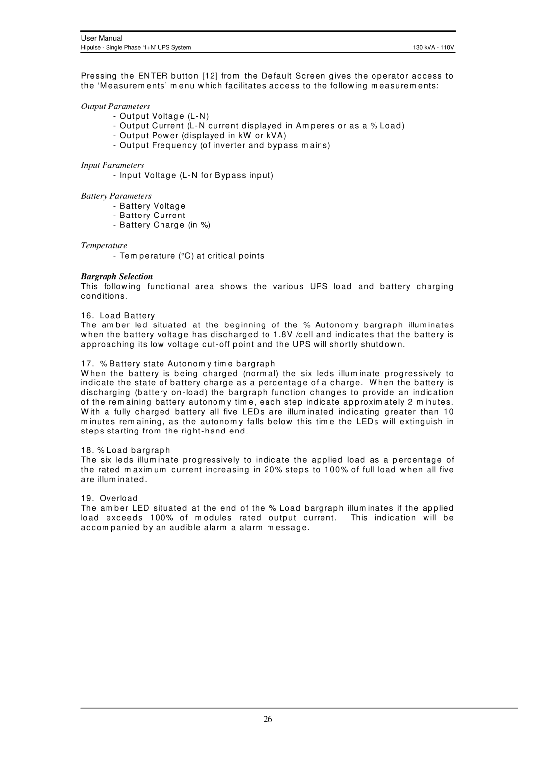 Liebert 130 kVA user manual Output Parameters, Bargraph Selection 