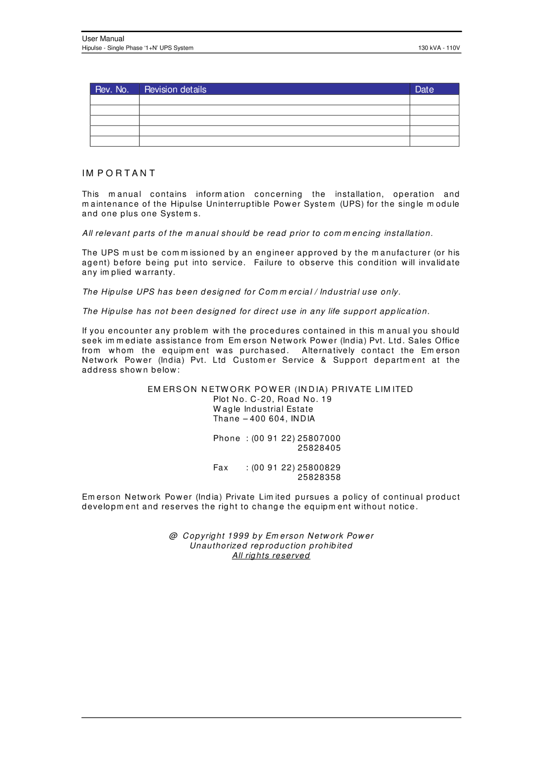 Liebert 130 kVA user manual Rev. No Revision details 