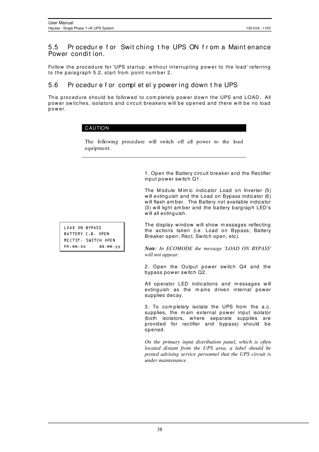 Liebert 130 kVA user manual Procedure for completely powering down the UPS 