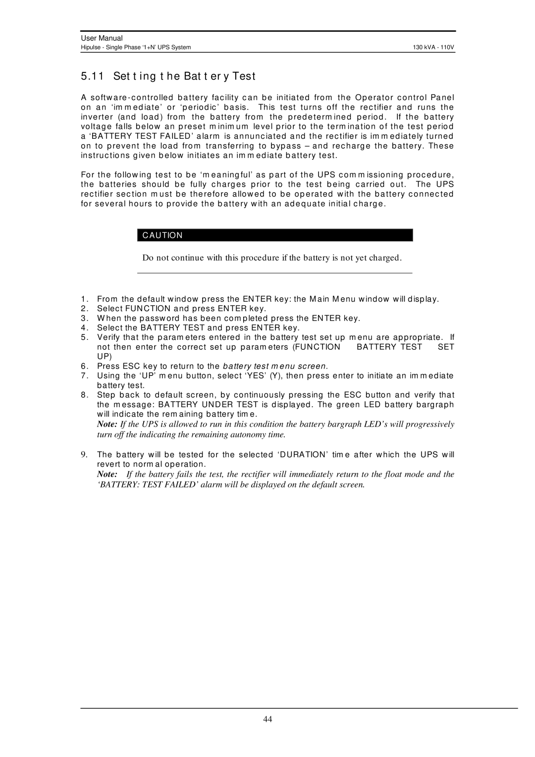 Liebert 130 kVA user manual Setting the Battery Test 