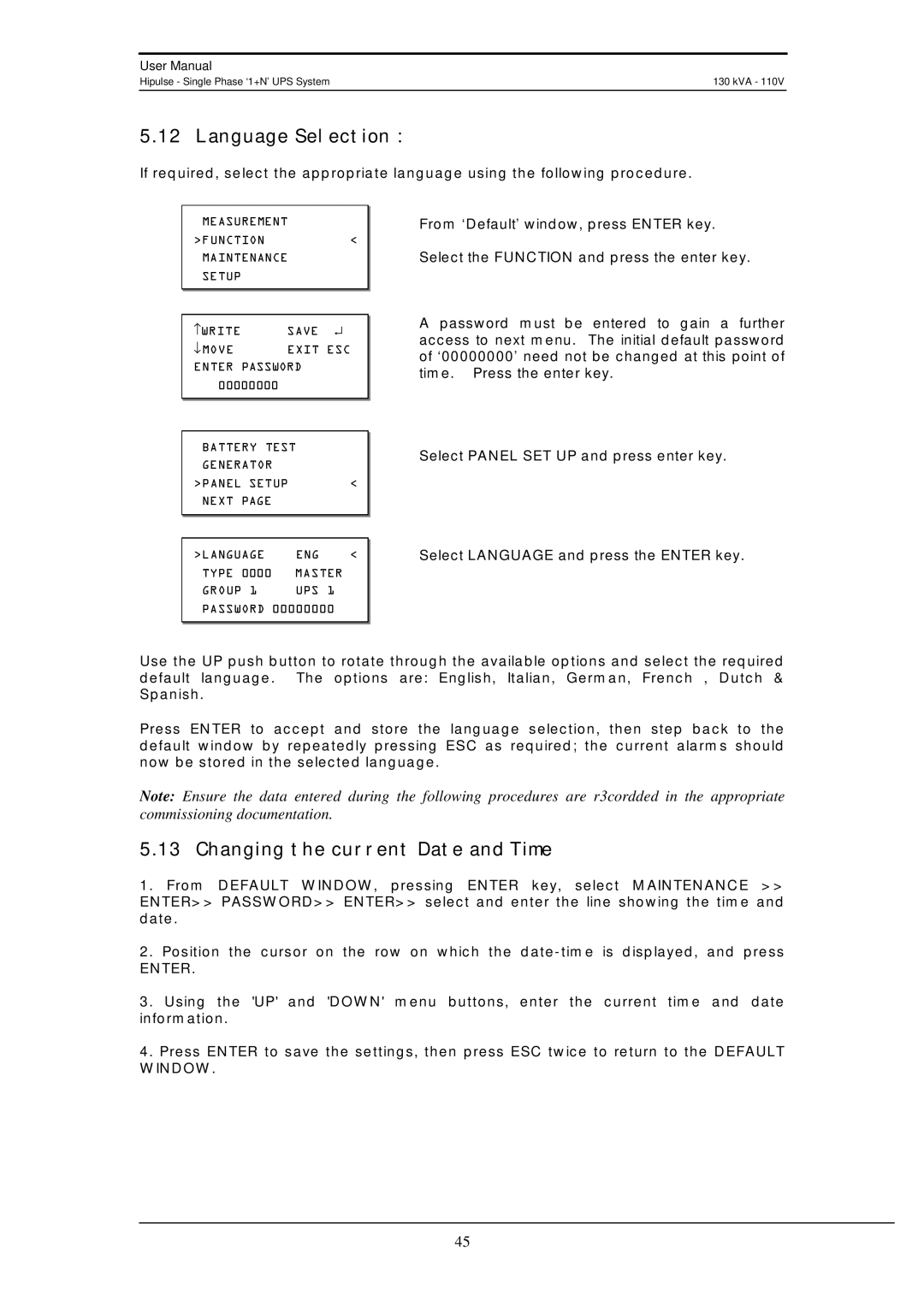 Liebert 130 kVA user manual Language Selection, Changing the current Date and Time 