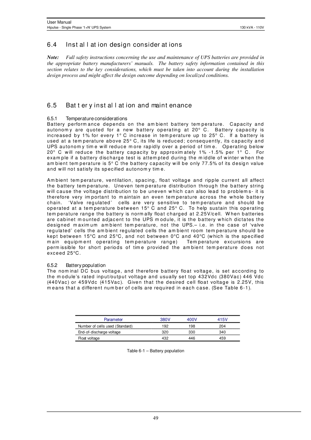 Liebert 130 kVA user manual Temperature considerations, Battery population 