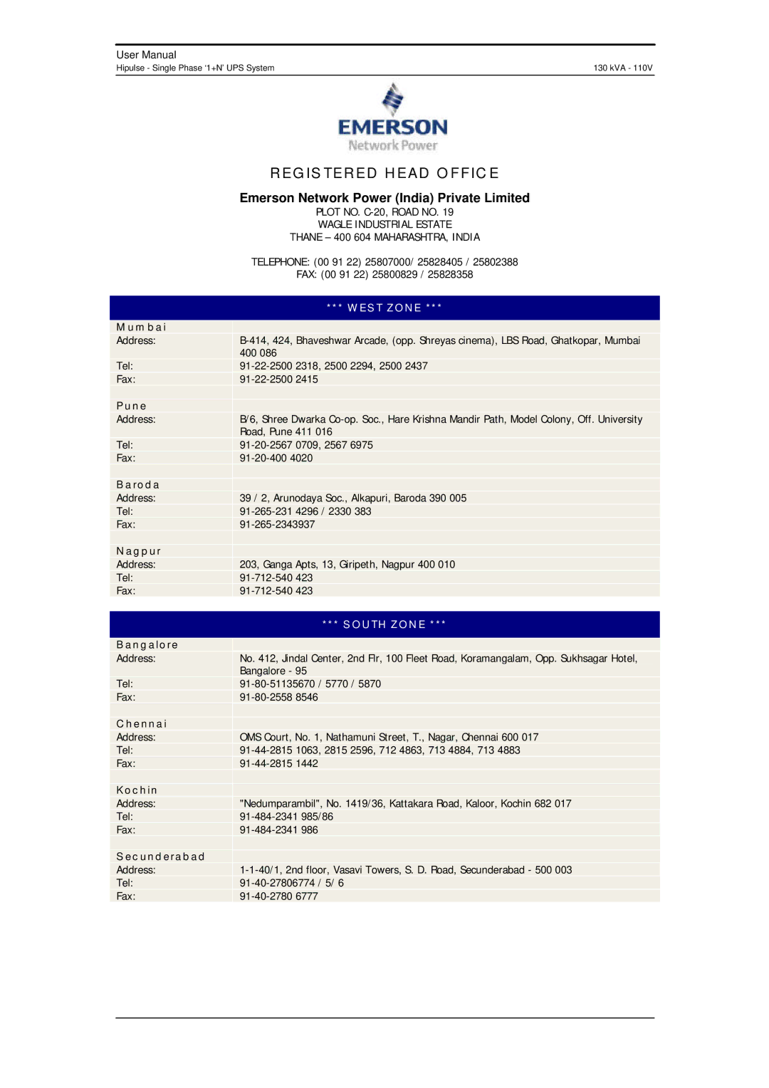 Liebert 130 kVA user manual Registered Head Office 