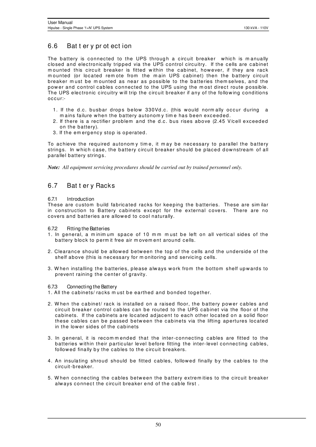 Liebert 130 kVA user manual Battery protection, Battery Racks, Introduction, Fitting the Batteries, Connecting the Battery 