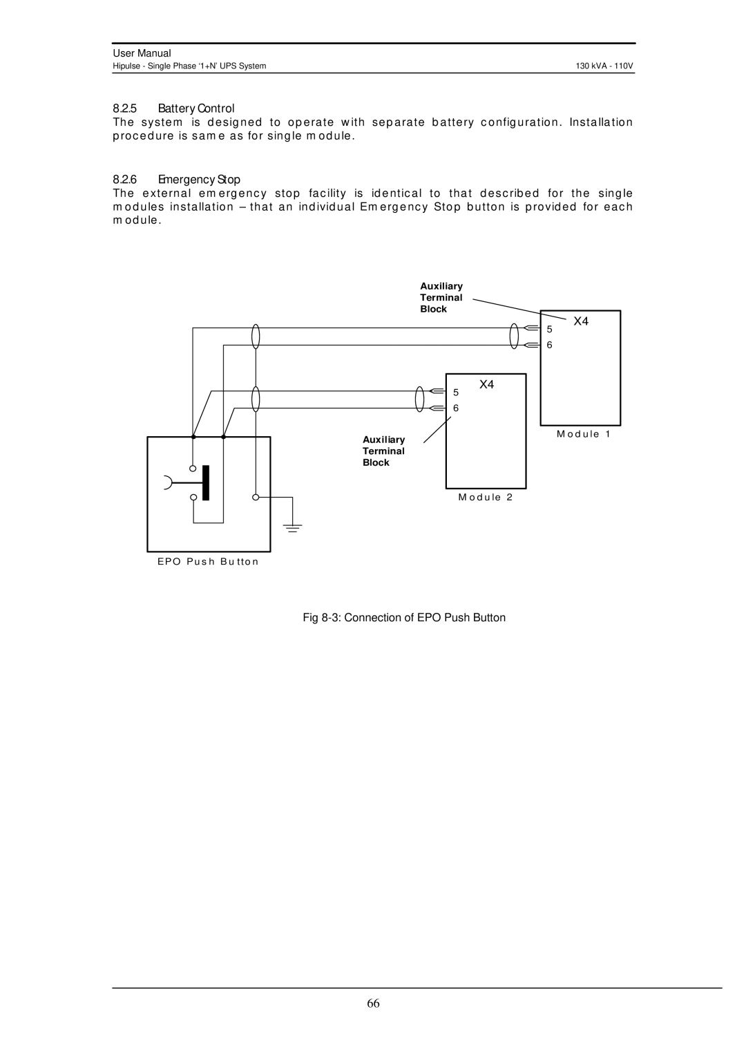 Liebert 130 kVA user manual Connection of EPO Push Button, Battery Control 