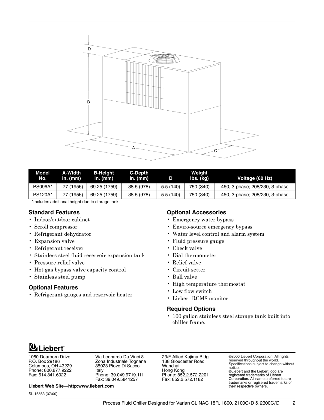 Liebert CLINAC 18R, 1800, 2100C/D Standard Features, Optional Features, Optional Accessories, Required Options, PS120A 