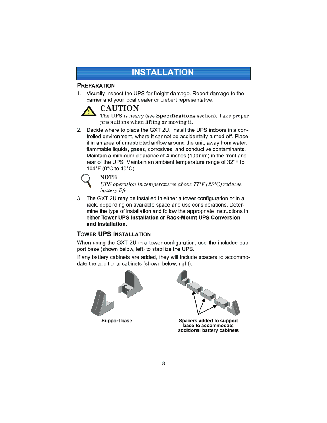 Liebert 208V, 2700VA user manual Preparation, Tower UPS Installation 