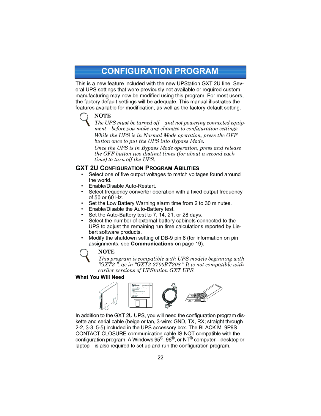 Liebert 208V, 2700VA user manual GXT 2U Configuration Program Abilities, What You Will Need 