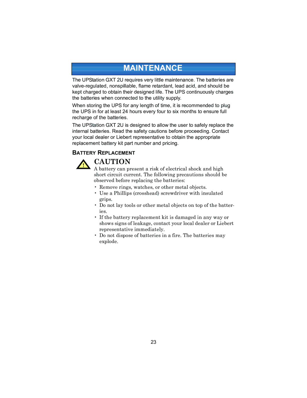 Liebert 2700VA, 208V user manual Maintenance, Battery Replacement 