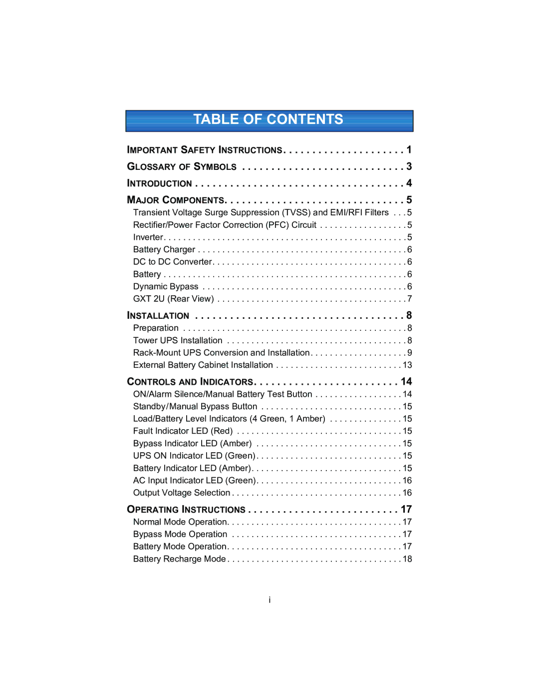 Liebert 2700VA, 208V user manual Table of Contents 