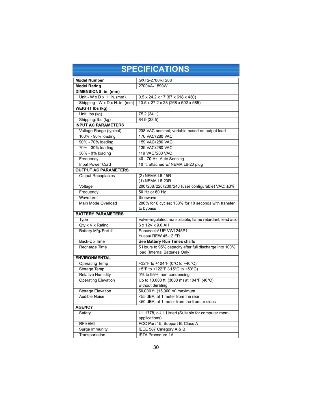 Liebert 208V, 2700VA user manual Specifications, Dimensions in. mm 