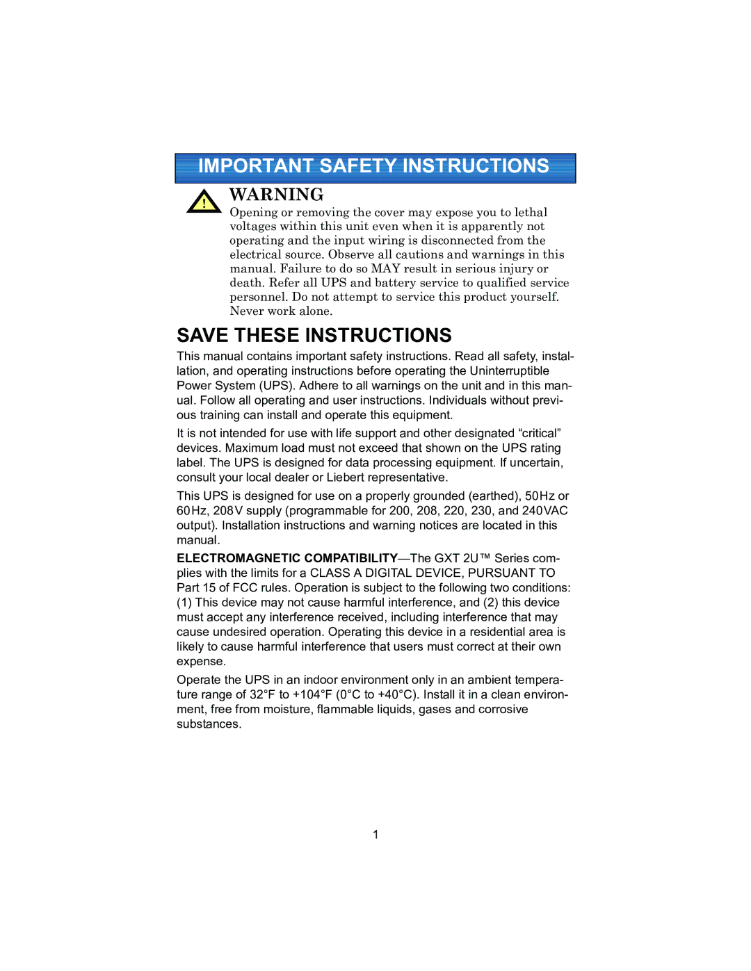 Liebert 2700VA, 208V user manual Important Safety Instructions 